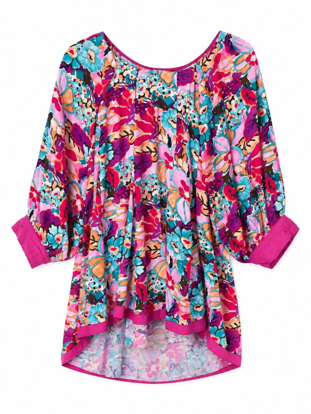 Umgee Floral Boho Tunic Blouse Rayon High Low Balloon Sleeve XL